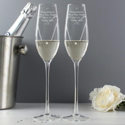 Personalised Pair of Hand Cut Small Hearts Diamanté Champagne Flutes