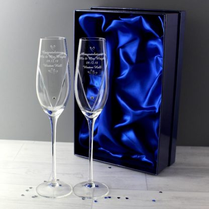 Personalised Pair of Hand Cut Small Hearts Diamanté Champagne Flutes