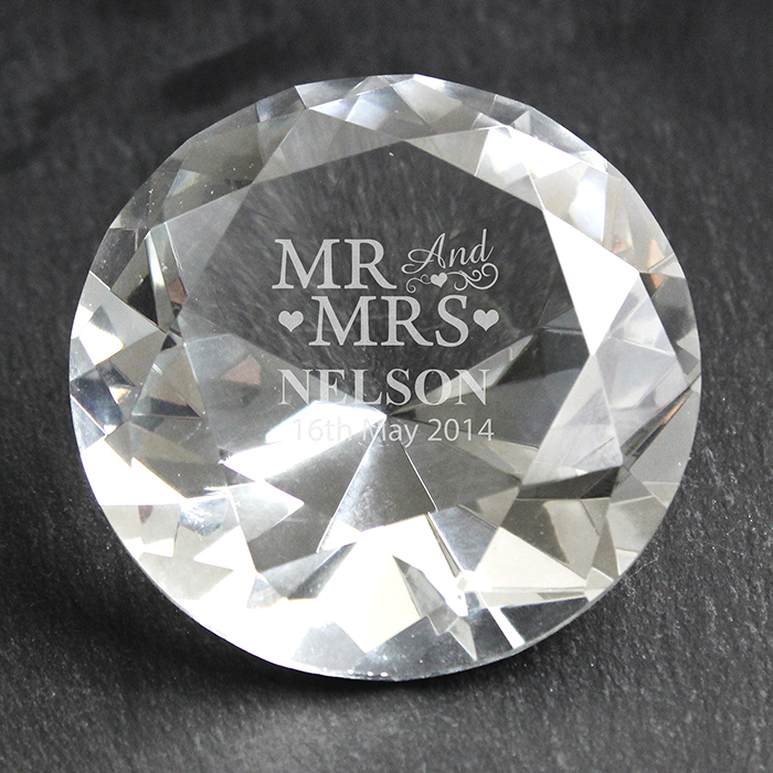 Personalised Diamond Glass Paperweight Mr & Mrs Wedding Anniversary Gift 