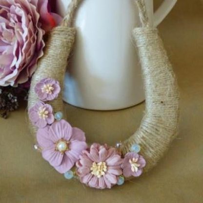 Wedding Horseshoe Rustic Twine with Pink Paper Flowers