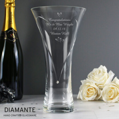Personalised Hand Cut Small Hearts Diamante Glass Vase