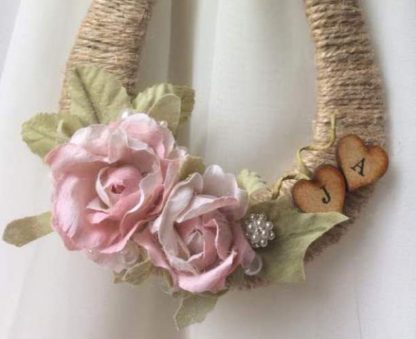 Personalised Wedding Horseshoe Rustic Twine with Pink Roses