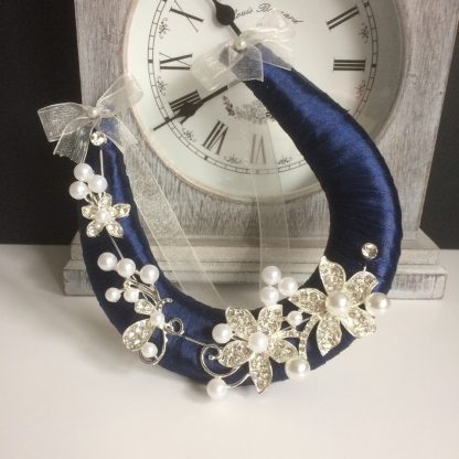 Wedding Horseshoe Handmade Navy Blue Ribbon with Diamante & Pearls