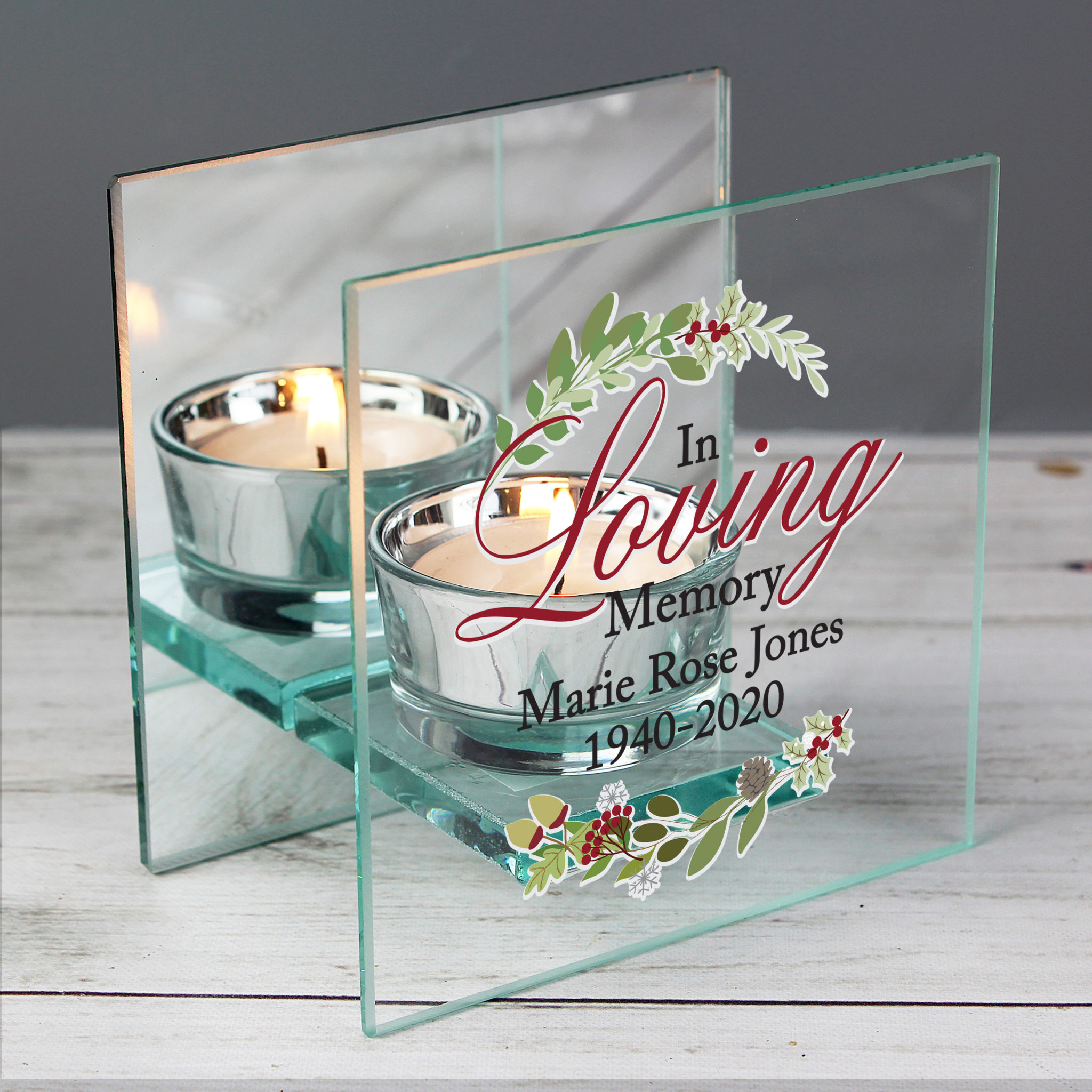 Personalised In Loving Memory Christmas Mirrored Glass Tea Light Candle