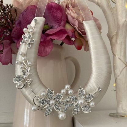 Ivory Ribbon Wedding Horseshoe with Diamante & Pearls