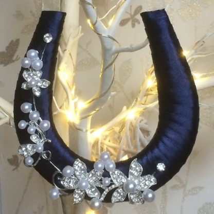 Navy Blue Ribbon Wedding Horseshoe with Diamante & Pearls