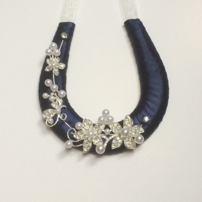 Navy Blue Ribbon Wedding Horseshoe Handmade with Diamante & Pearls-1