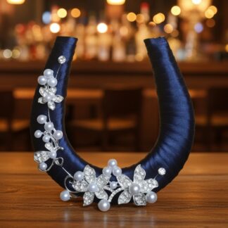 Navy Blue Ribbon Wedding Horseshoe with Diamante & Pearls