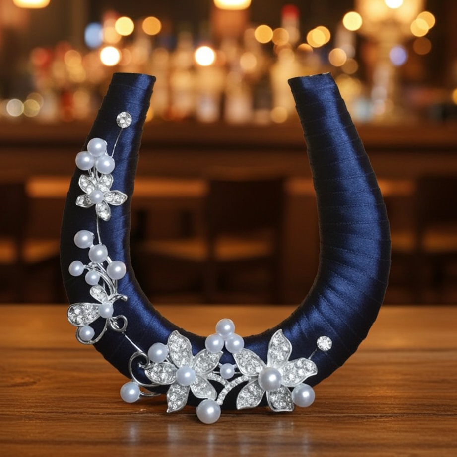 Navy Blue Ribbon Wedding Horseshoe with Diamante & Pearls