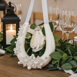 Ivory Ribbon Wedding Horseshoe with Diamante & Pearls