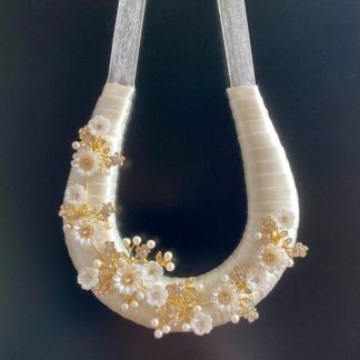 Handmade Ivory Ribbon Wedding Day Horseshoe Gold with Crystal & Flower Décor.1
