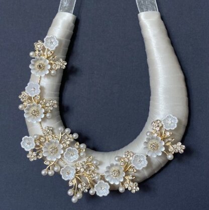 Handmade Ivory Ribbon Wedding Day Horseshoe Gold with Crystal & Flower Décor - b