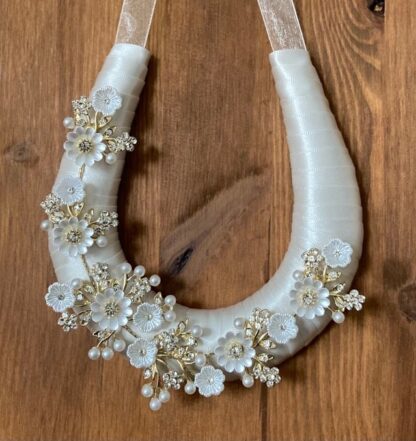 Handmade Ivory Ribbon Wedding Day Horseshoe Gold with Crystal & Flower Décor - c