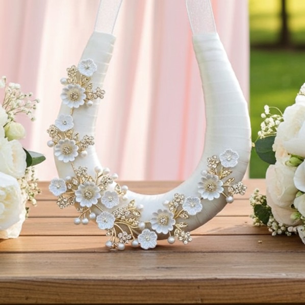 Ivory Ribbon Wedding Horseshoe Gold with Crystal & Flower Decor