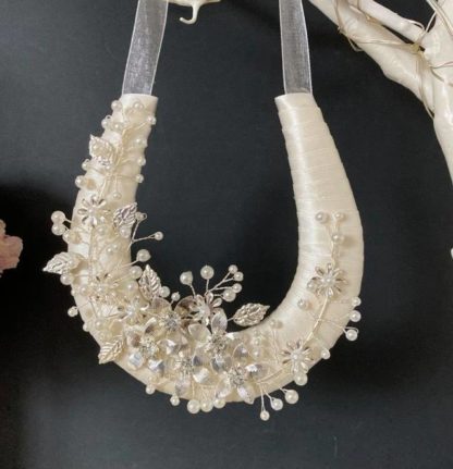 Wedding Horseshoe Ivory Ribbon with Silver Flower & Leaf Decor