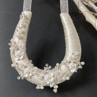 Wedding Day Horseshoe Ivory Ribbon Silver Diamante Flowers & Pearls