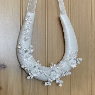 Wedding Day Horseshoe Ivory Ribbon with Silver Diamante Flowers & Pearls