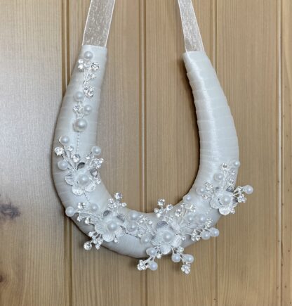 Wedding Horseshoe Ivory Ribbon Silver Diamante Flower & Pearls