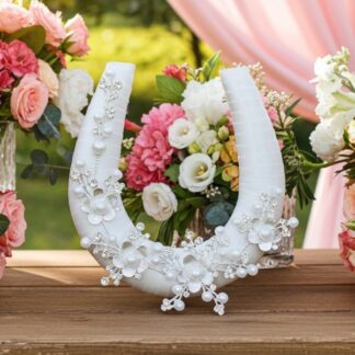 Wedding Horseshoe Ivory Ribbon Silver Diamante Flower & Pearls