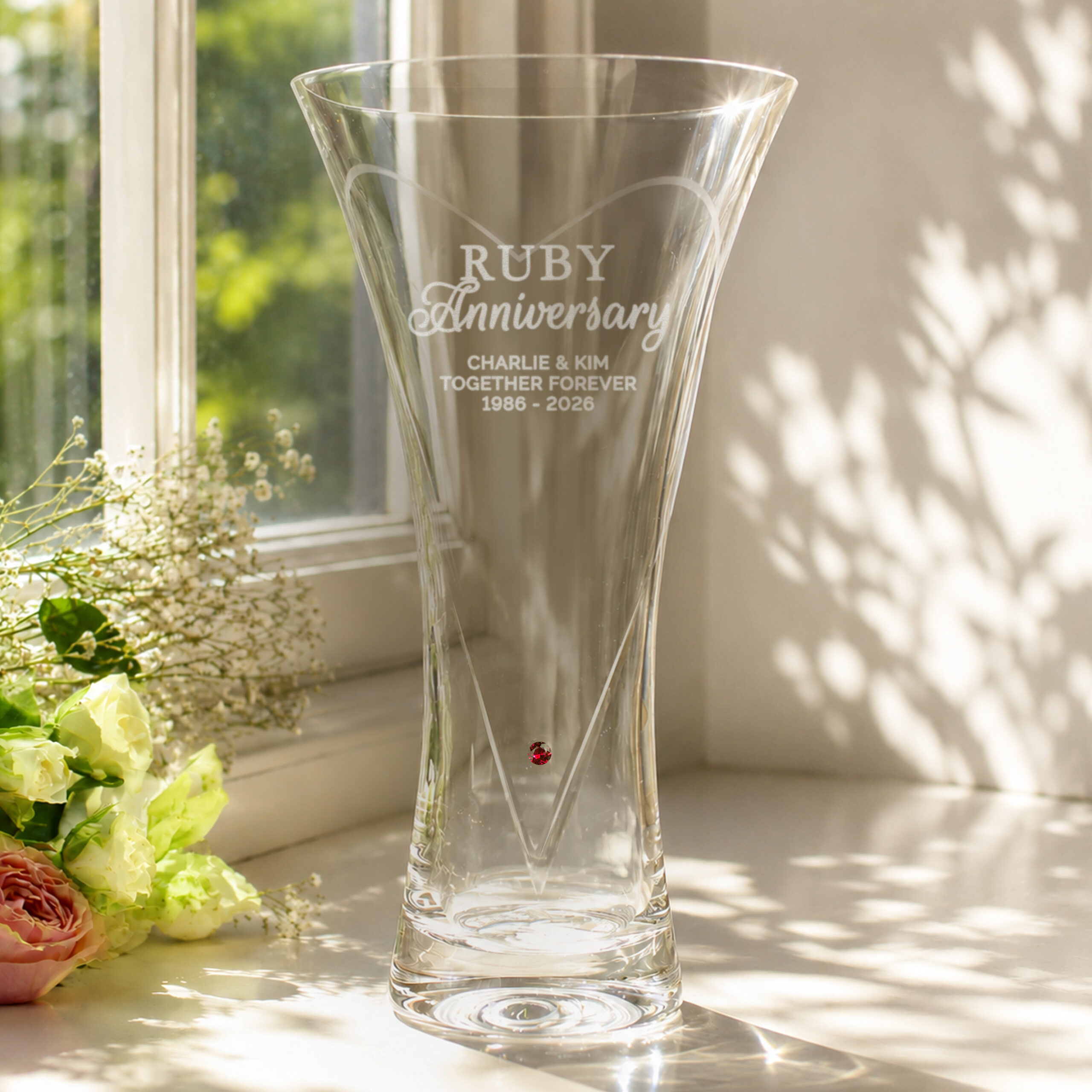 Personalised Ruby Anniversary Large Hand Cut Diamond Effect Heart Vase