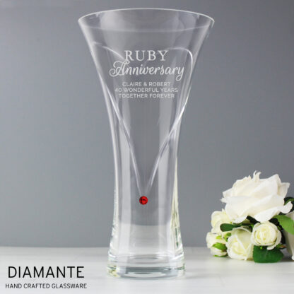 Personalised Ruby Anniversary Large Hand Cut Diamante Heart Vase