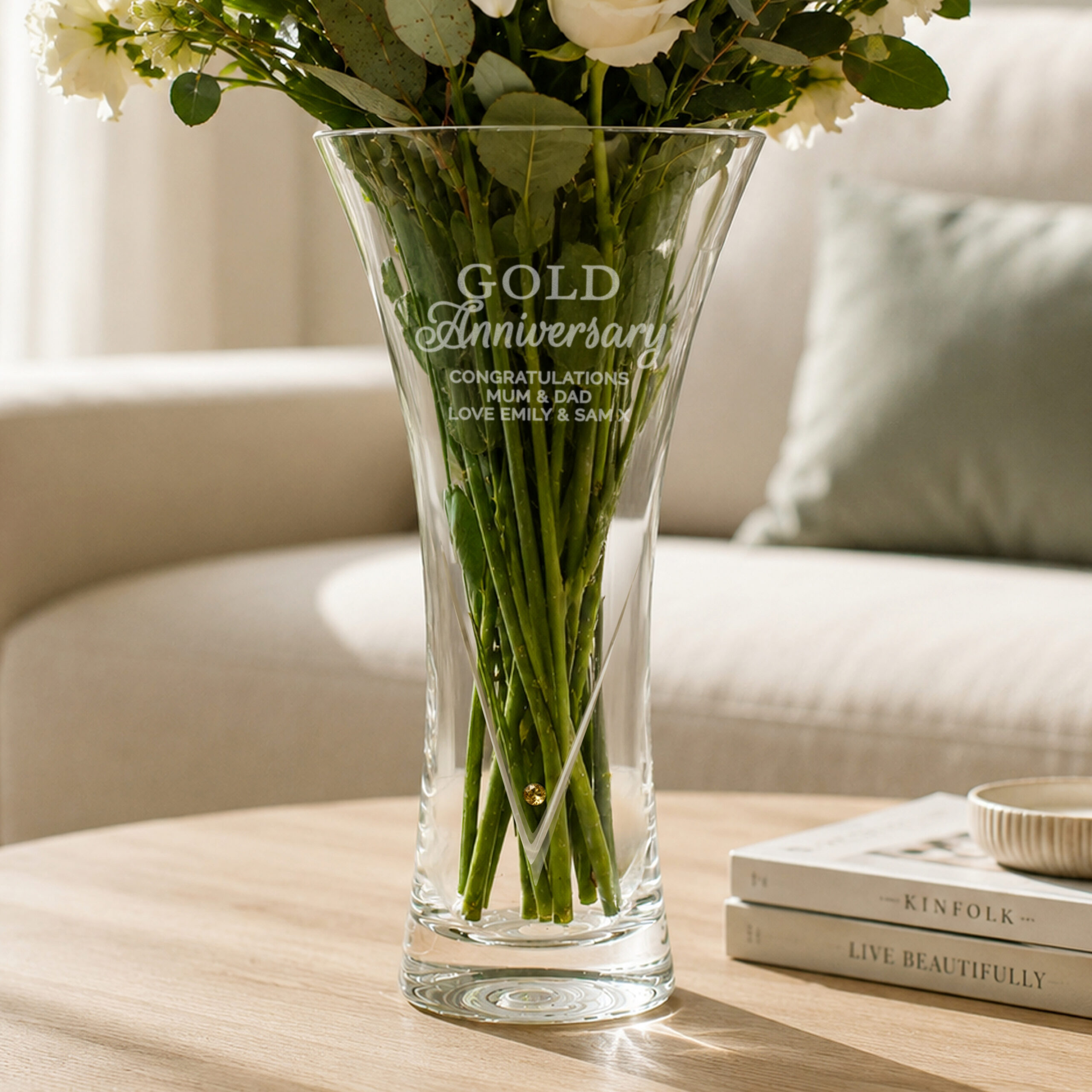 Personalised Gold Anniversary Large Hand Cut Diamond Effect Heart Vase