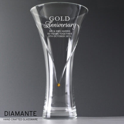 Personalised Gold Anniversary Large Hand Cut Diamante Heart Vase